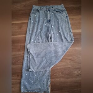 Women's Blue Wide Leg Jeans with Pearl Accents
